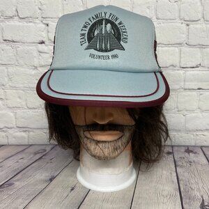 Vintage Trucker hat Mesh Cap Snapback Gray Maroon 3 Stripes Team Two Family 1990